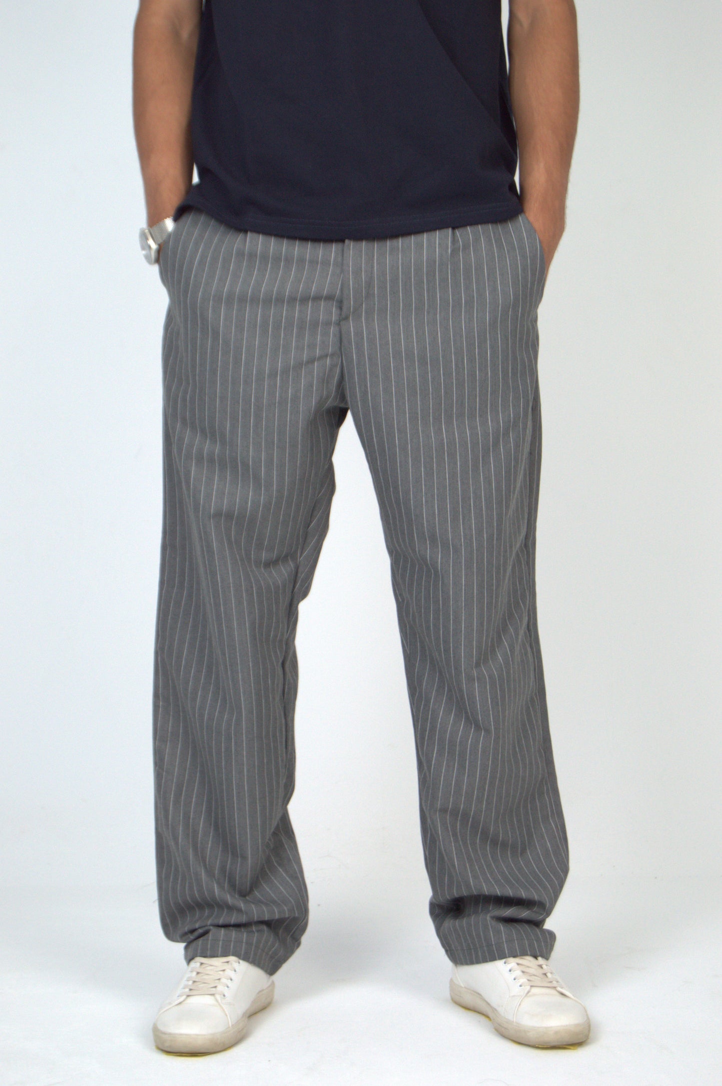 Grey Straight Fit Striped Suit Pant