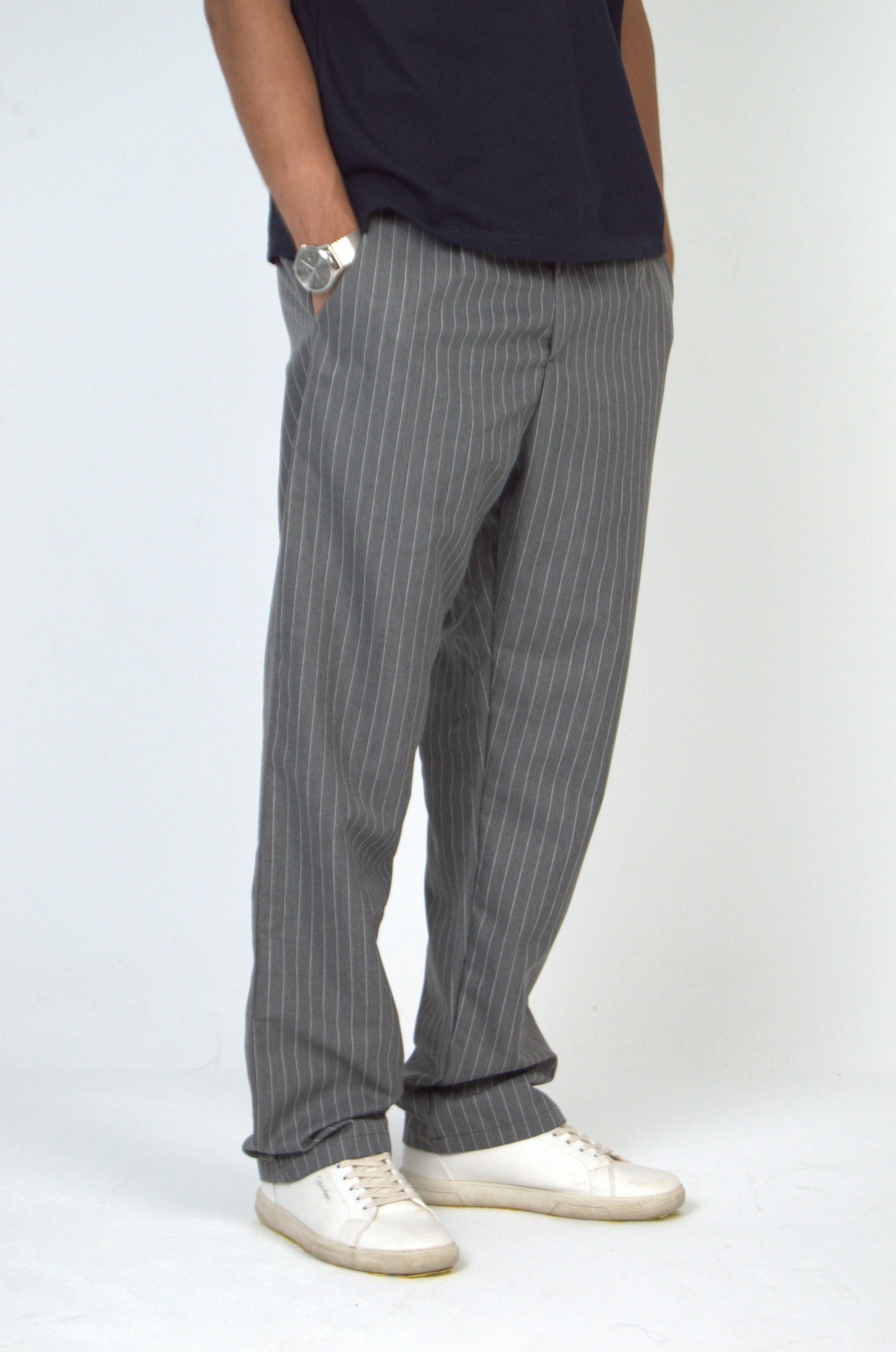 Grey Straight Fit Striped Suit Pant