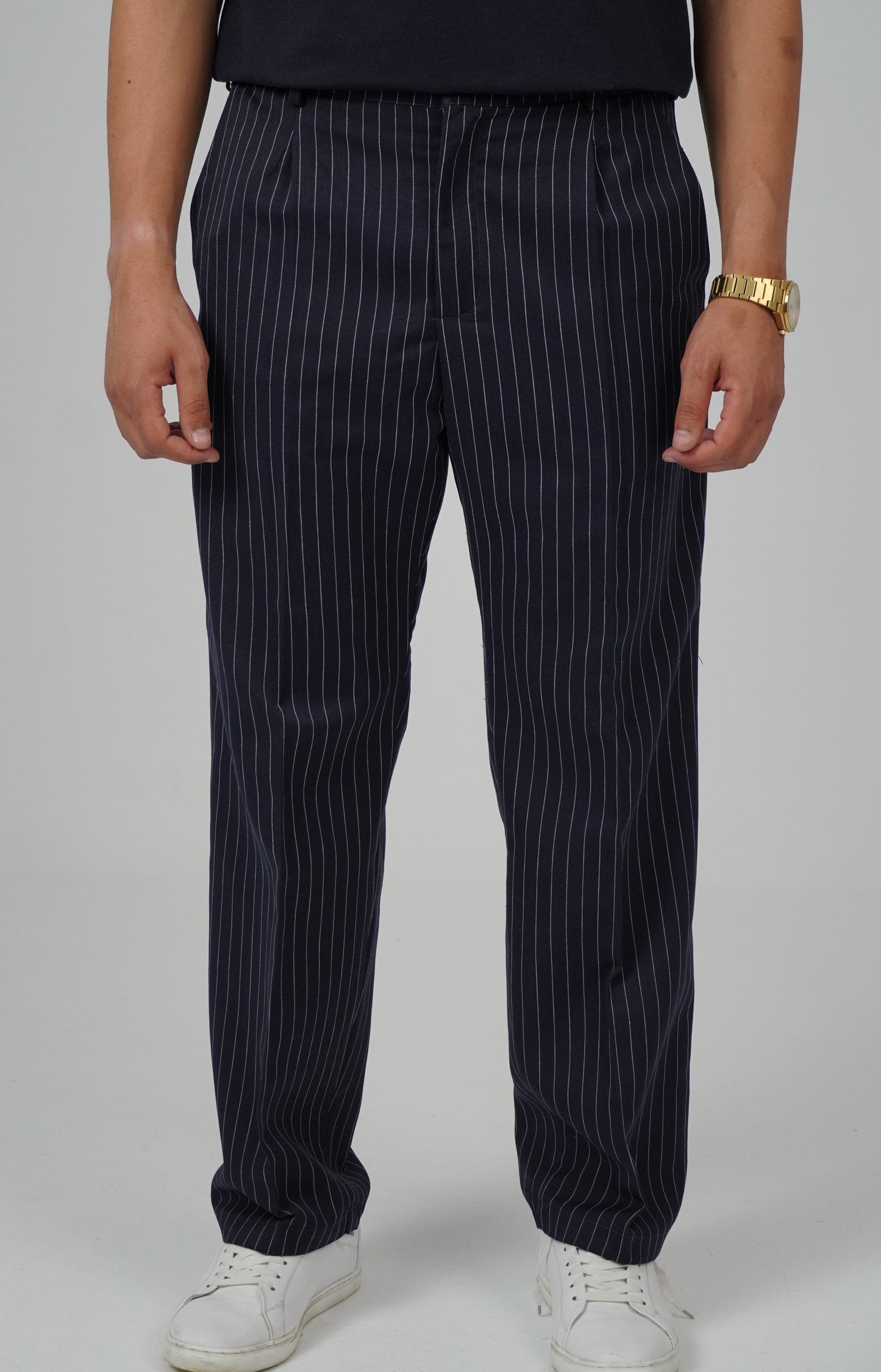 Navy Straight Fit Striped Suit Pants