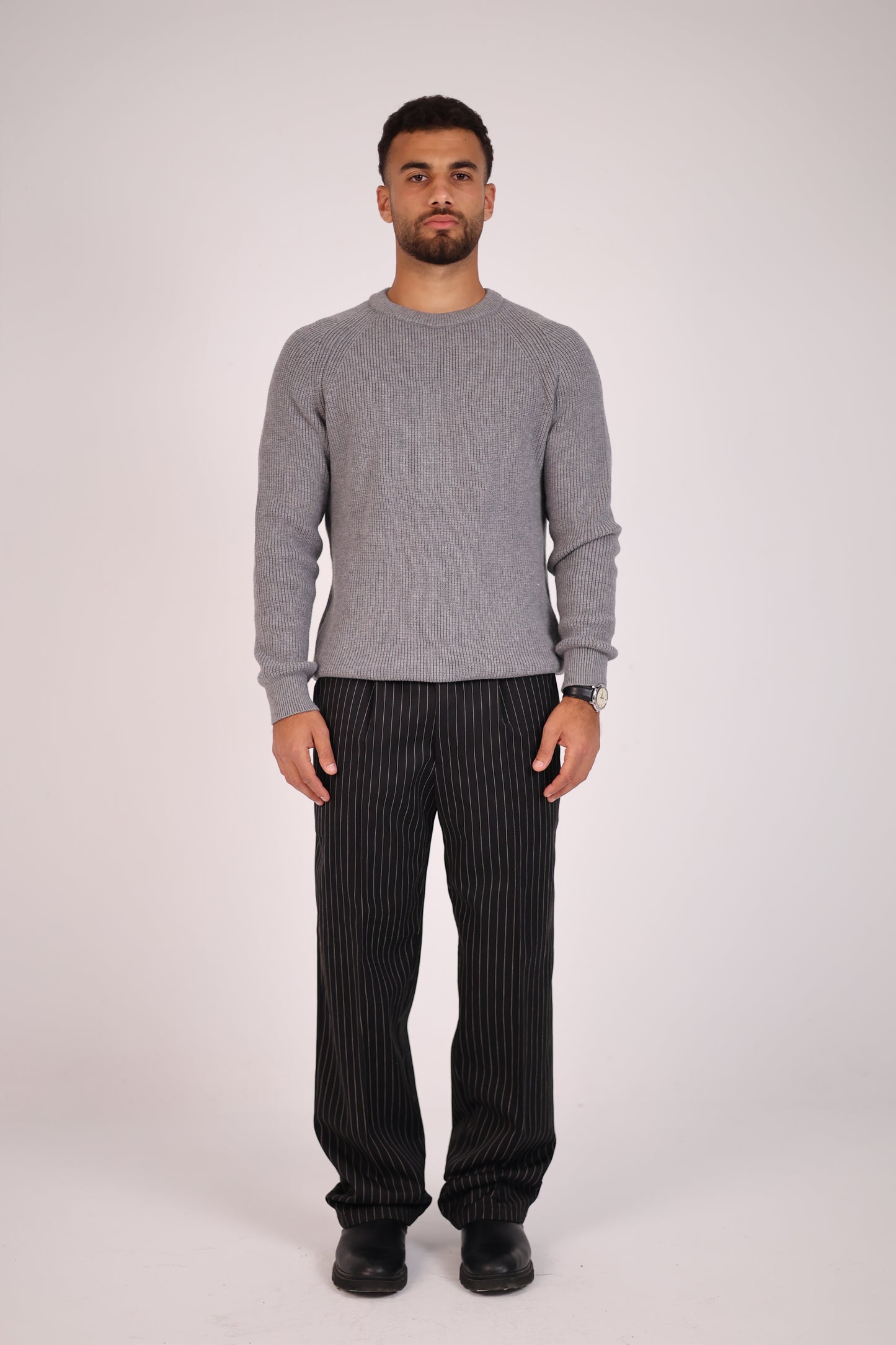 Striped Black Straight-Fit Suit Pant