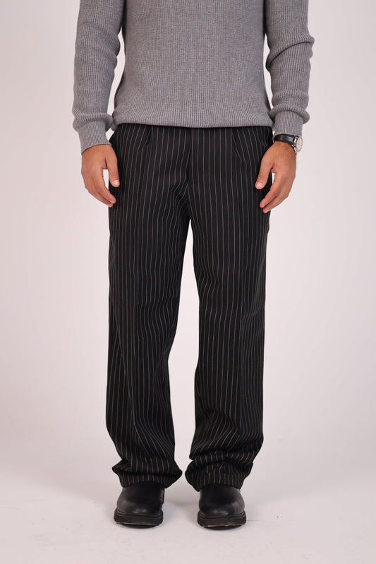 Striped Black Straight-Fit Suit Pant