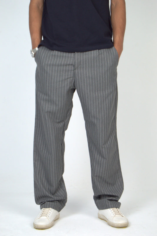 Grey Straight Fit Striped Suit Pant