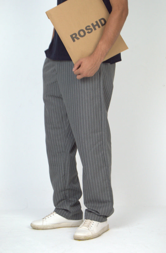 Grey Straight Fit Striped Suit Pant