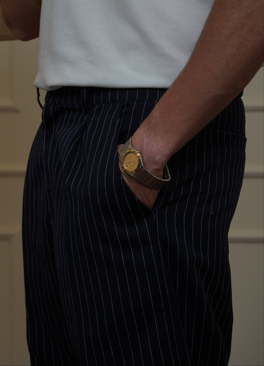 Navy Straight Fit Striped Suit Pants