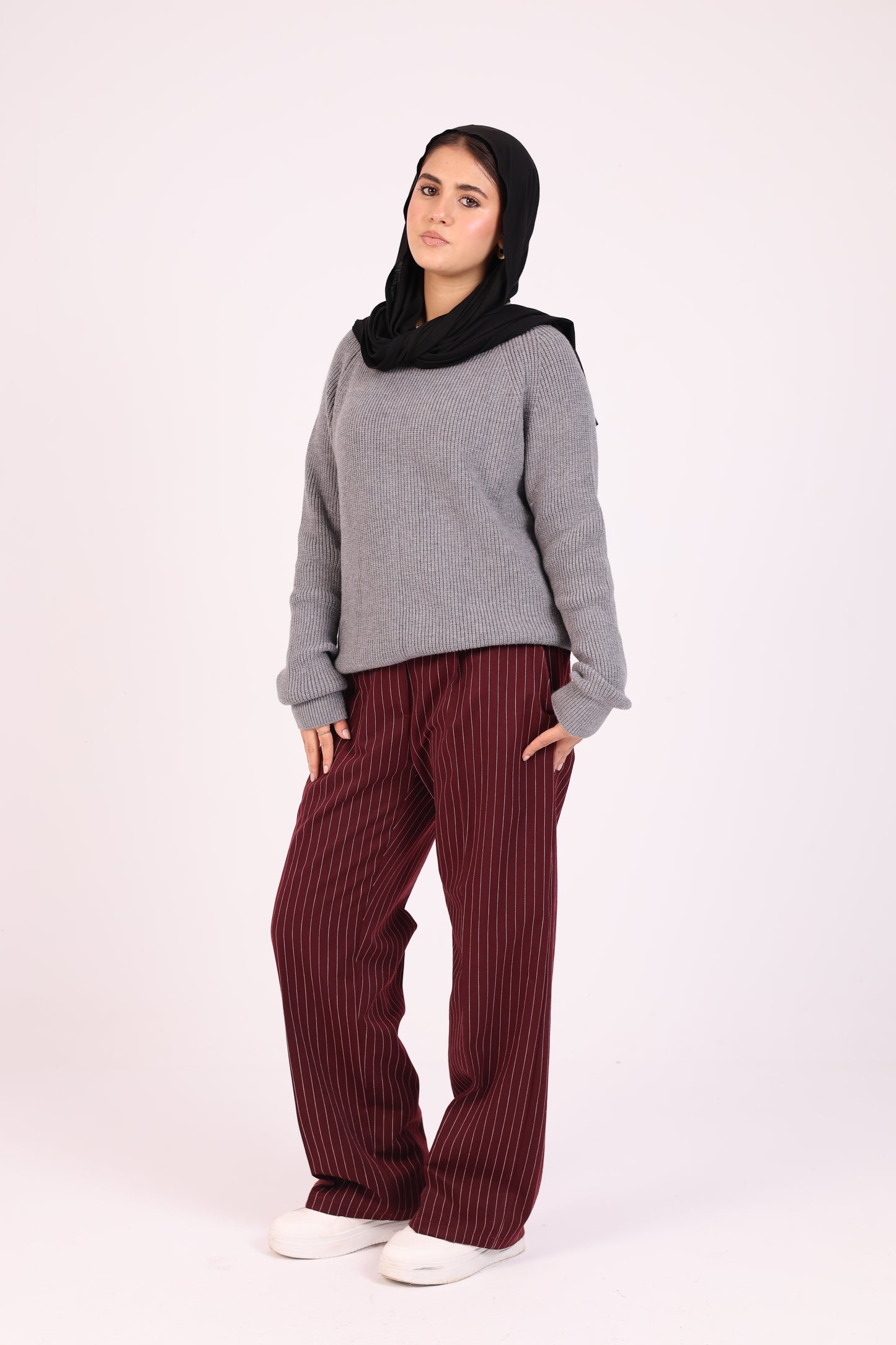Women Striped Burgundy Suit Pant
