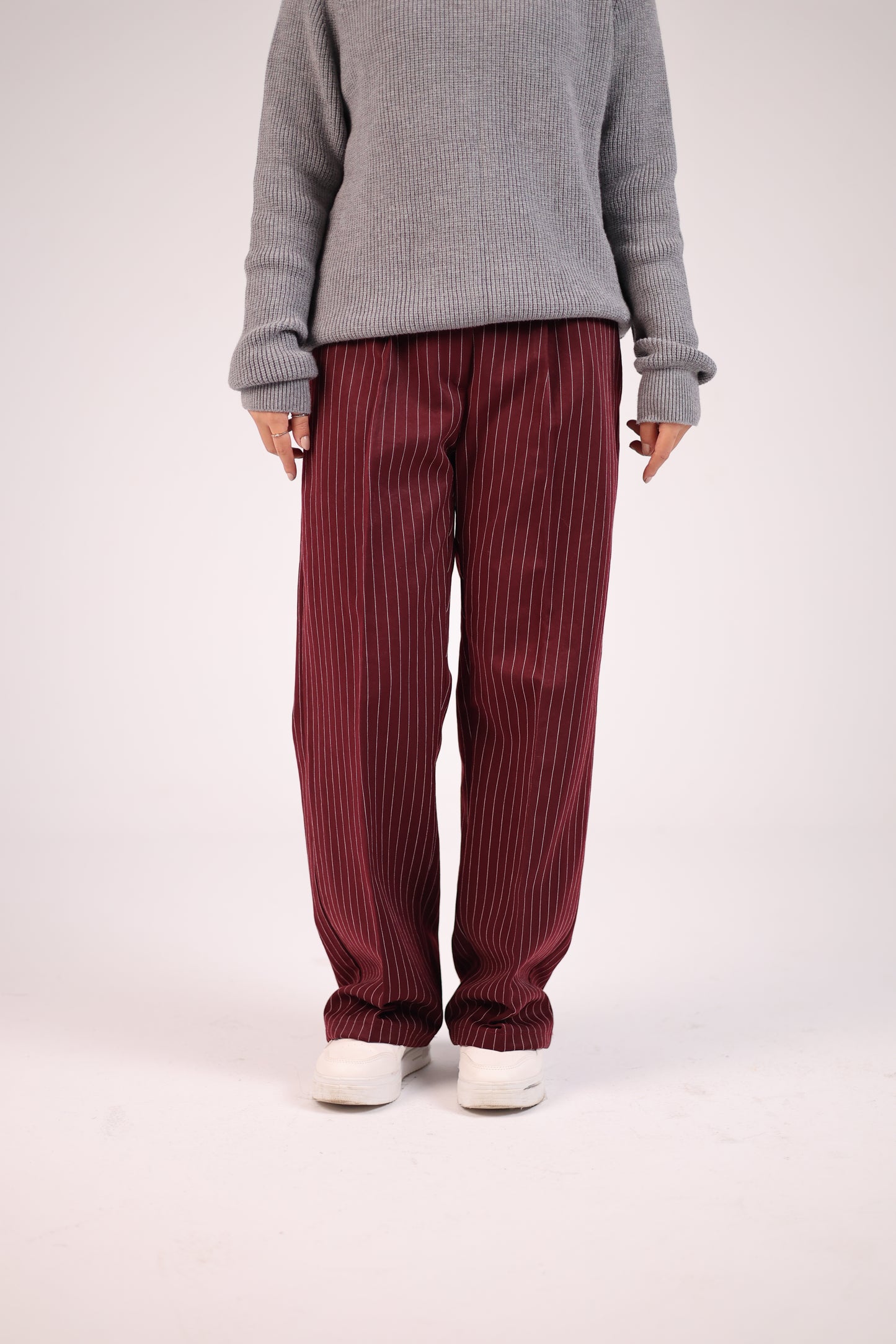 Women Striped Burgundy Suit Pant