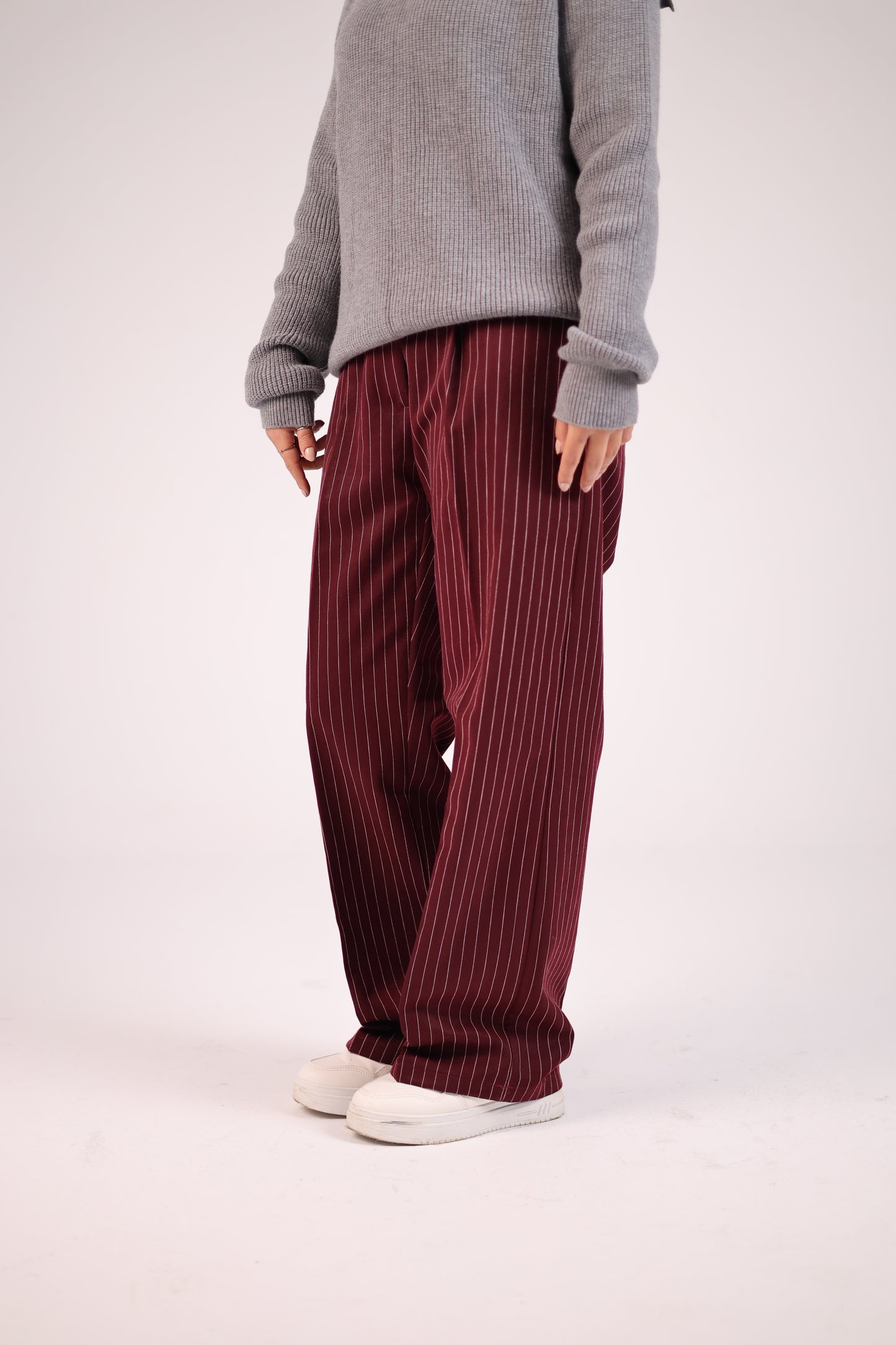 Women Striped Burgundy Suit Pant