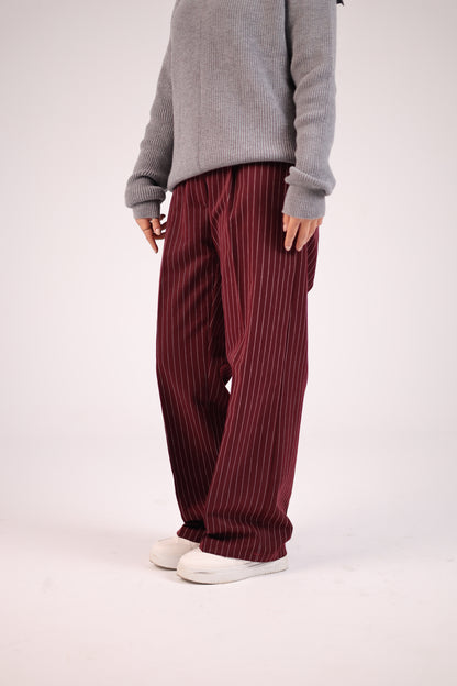 Women Striped Burgundy Suit Pant