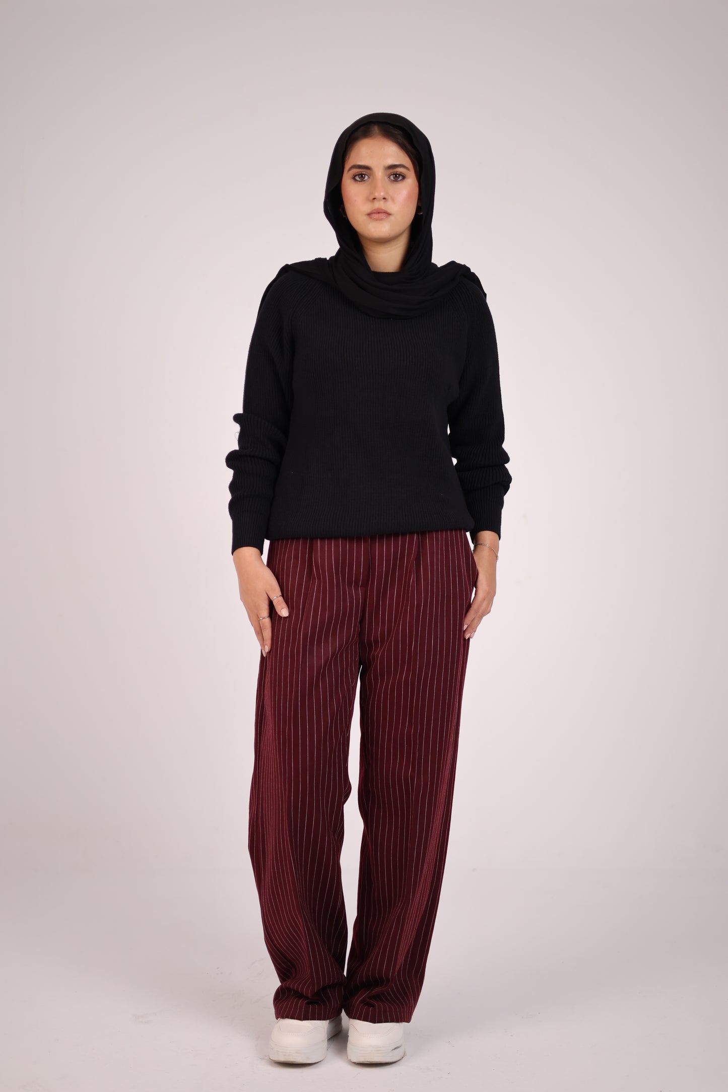 Women Striped Burgundy Suit Pant