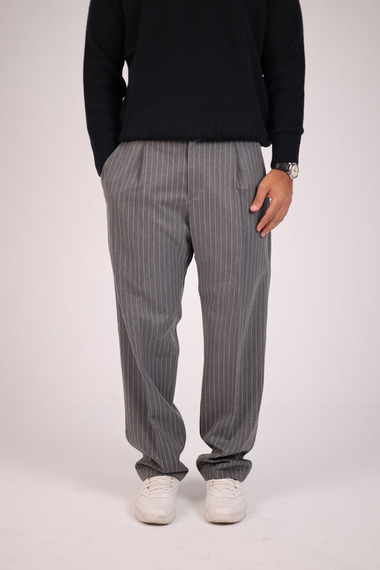 Grey Straight Fit Striped Suit Pant