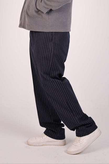 Navy Straight Fit Striped Suit Pants