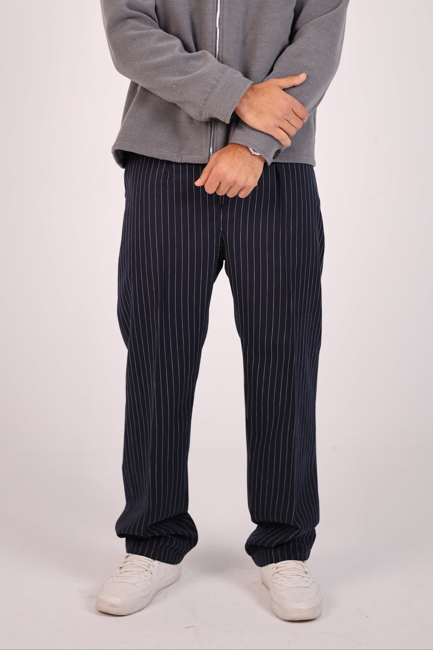 Navy Straight Fit Striped Suit Pants